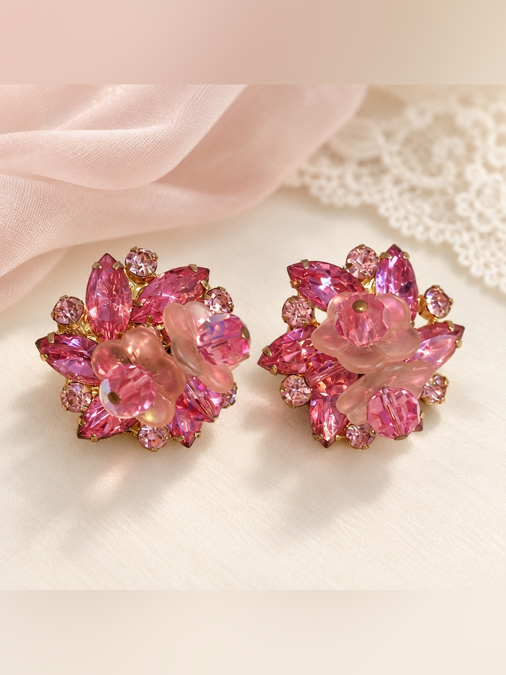 Juliana Cha Cha Floral Rhinestone Crystal Cluster Clip-On Earrings